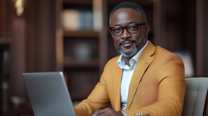 Smiling businessman in a mustard blazer working on a laptop