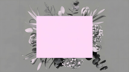 Pink square frame with black and white floral background