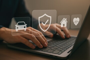 Hands typing on laptop with insurance icons for car, home, health, and general protection