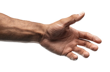 Extended dark-skinned arm and hand, palm out, ready to grasp