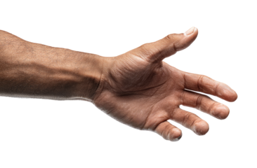 Extended dark-skinned arm and hand, palm out, ready to grasp