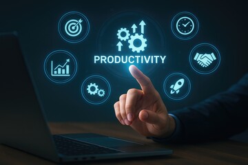 Increasing business productivity with digital icons, a hand touching a screen