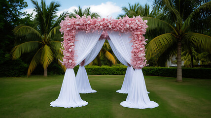 Wedding arch with pink flowers and white drapes on tropical lawn