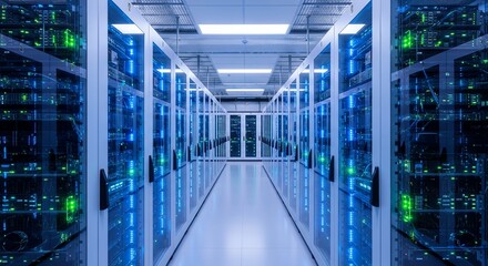 Data Center Server Room with Blue and Green Lighting in Modern Technology Environment