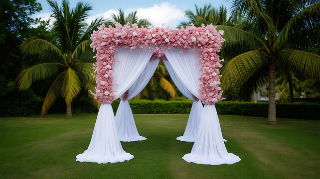 Wedding arch with pink flowers and white drapes on tropical lawn