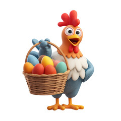 Cartoon Rooster with Easter Eggs in a Basket with Isolated.