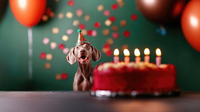 A joyful Weimaraner dog wearing a festive party hat happily sits in front of a cake with candles. Colorful decorations and balloons create a cheerful party atmosphere
