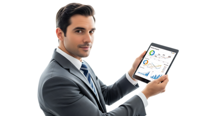Man in suit holding tablet with financial chart isolated on transparent background