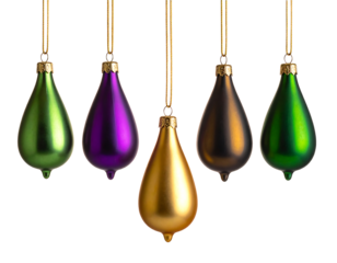Five teardrop shaped christmas ornaments in green purple gold and brown hanging against a black background