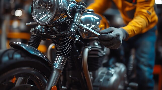 Close up of a motorcycle being repaired by a mechanic in a garage with a wrench and wearing gloves