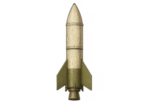 Vintage rocket missile or projectile design, depicting cold war military weapon technology, isolated on transparent background
