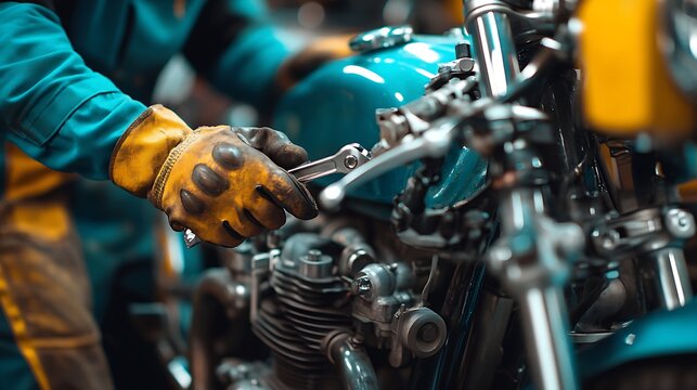 A mechanic in gloves using a wrench to repair a blue motorcycle engine in a garage setting close up - Powered by Adobe