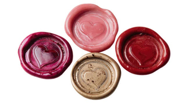 Four wax seals, heart-shaped impressions, varying shades of pink, red, and beige