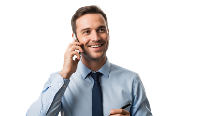 Smiling businessman talking on the phone, isolated on transparent background