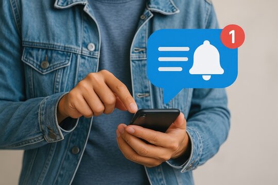 Person checks smartphone with a notification badge on a blue chat bubble overlay