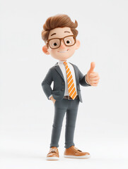 Fototapeta premium A cheerful 3D cartoon character of a young businessman, standing and giving a confident thumbs up sign.