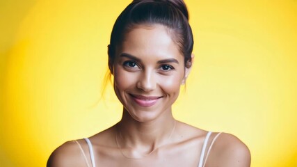 Close-up view of a smiling young Caucasian woman on a yellow background. Bright yellow background highlights the woman’s joyful, close-up smile.
