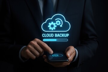 Person uses smartphone for cloud backup progress, digital data transfer concept