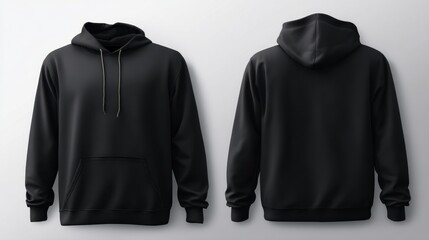 Black fleece hoodie, front and back view, for fashion design and apparel mockup. Clothing blank design for printing and branding.