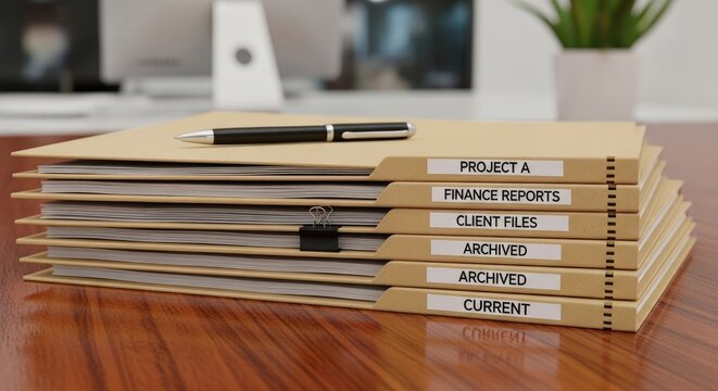 A stack of folders with labels on a wooden desk.