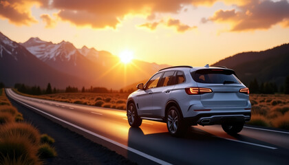 Fototapeta premium Sunrise road journey with modern car on scenic highway