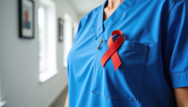 Healthcare support highlighted by awareness ribbon on blue scrubs for medical campaign and charity