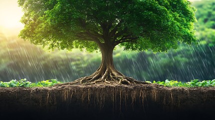 A large tree with exposed roots in the rain with a bright light shining through the background trees