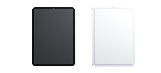 Two tablets, one black, one white, displayed side-by-side.  Each has a rectangular screen and a protective bezel