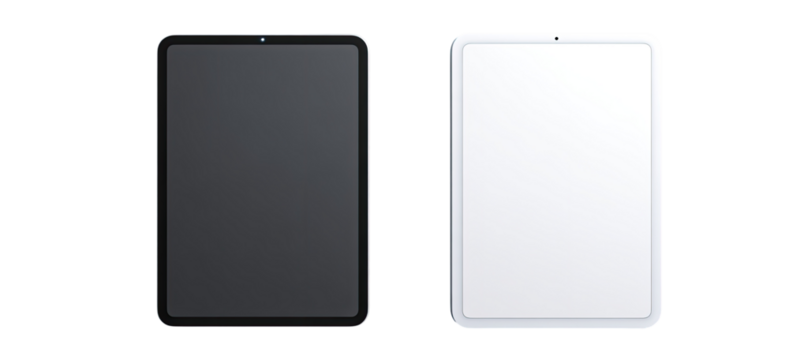 Two tablets, one black, one white, displayed side-by-side.  Each has a rectangular screen and a protective bezel