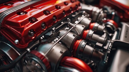 Close-up view of a vibrant red car engine showcasing intricate mechanical details for engineering, automotive, or performance concept.