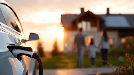 Electric car charging with family and house having solar panel in background at sunset. Sustainable, green energy for home and vehicle.