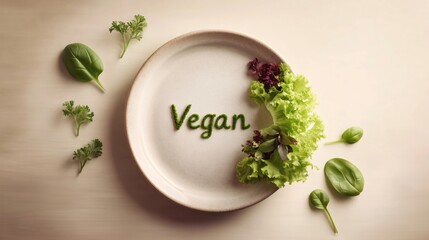 White plate with word vegan written using green vegetables and fresh salad leaves on neutral background. Symbol of World Vegan Day and healthy eating.