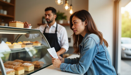 Bakery counter service experience with customers exploring freshly baked goods in modern cafe setting