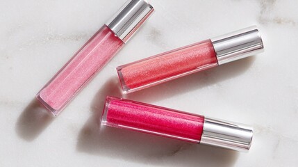 Three vibrant lip gloss tubes in shades of pink and coral sparkle on a marble surface. Soft lighting accentuates their shine, perfect for a beauty collection display