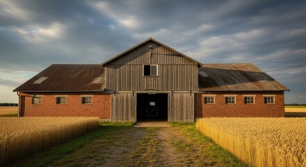 Obraz premium A rustic barn with a wooden exterior and a black door, surrounded by a field of wheat, under a cloudy sky.