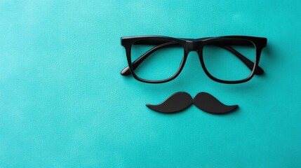Black eyeglasses and mustache on blue background. Concept for Father's Day, Movember, or men's health awareness promotion and greeting card.