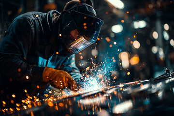Skilled welder creating sparks of innovation with precision and dedication in a dynamic industrial workshop setting