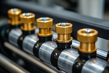 A close up view of several metal pipes with golden fittings and bolts in a row on a blurred background