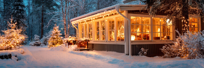 A cozy cabin stands in a snowy setting, adorned with glowing string lights. The starry night sky adds to the serene winter atmosphere, inviting warmth and comfort, banner