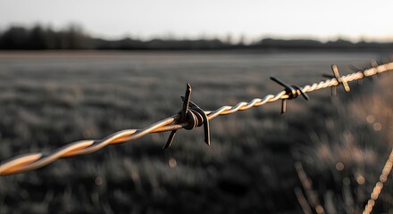 A barbed wire fence in a field at sunset.