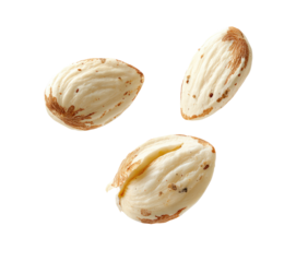 Three whole almonds, light cream color, speckled with brown