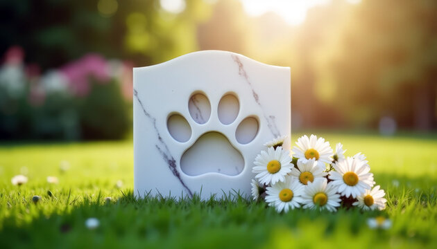 Pet memorial in garden with paw print and daisies scene for sympathy card design