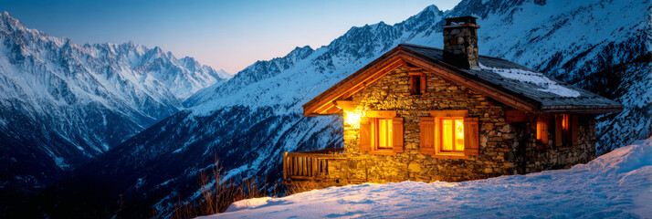 Fototapeta premium Experience a cozy winter vacation at beautiful chalets surrounded by snow-covered mountains. The warm lights contrast with the cold winter landscape, creating a serene atmosphere, banner
