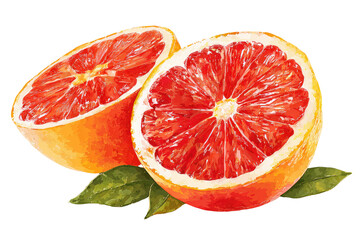 Two halves of a vibrant red grapefruit, positioned slightly overlapping, with visible segments and juicy texture.  Fresh leaves rest beneath the fruit.  