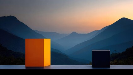 Geometric shapes rest on a surface against a mountain vista at dusk.
