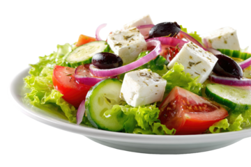 Plate of vibrant Greek salad.  Fresh vegetables, feta cheese, and olives combine for a healthy meal