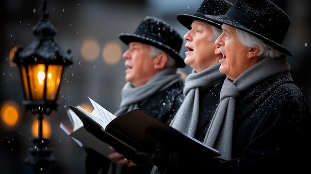 Elderly men choir singers wearing elegant black suits and hats, performing christmas carols outdoors under the snow, reading music sheets next to a street lamp