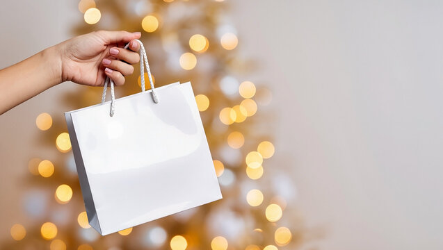 Close-up of hand holding mockup shopping bag with festive holiday lights in background, perfect for christmas or birthday celebration design for cards, prints, and invitations