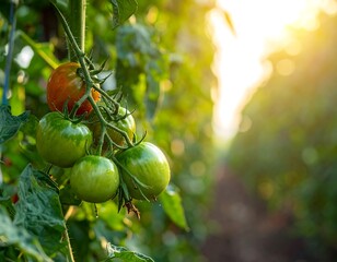 Obraz premium Close-up of ripening tomatoes on the vine, bathed in warm sunlight, with a blurry background of a greenhouse