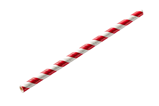 A long, cylindrical paper drinking straw with diagonal red and white stripes